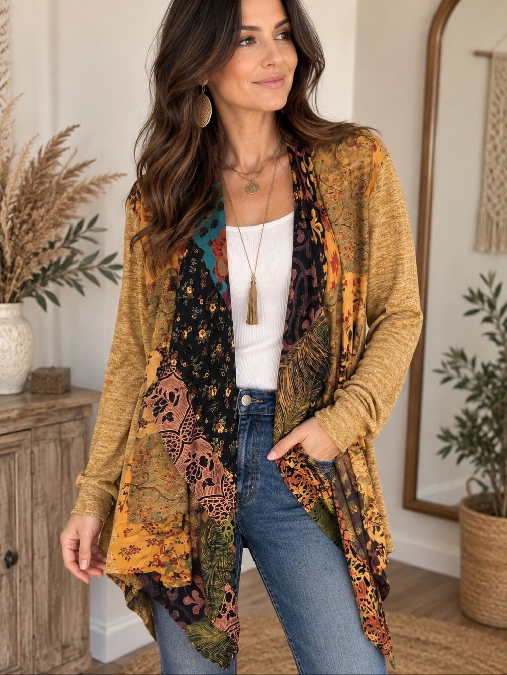 541.Young Threads Mustard Patchwork Open Front Cardigan Sweater